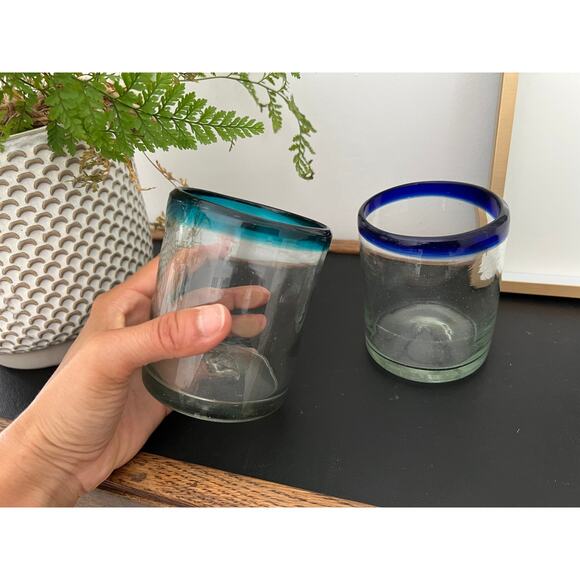 Vintage Mexican Hand Blown Cobalt Blue & Teal-Rimmed Glasses / Juice Water Glass - Picture 5 of 9